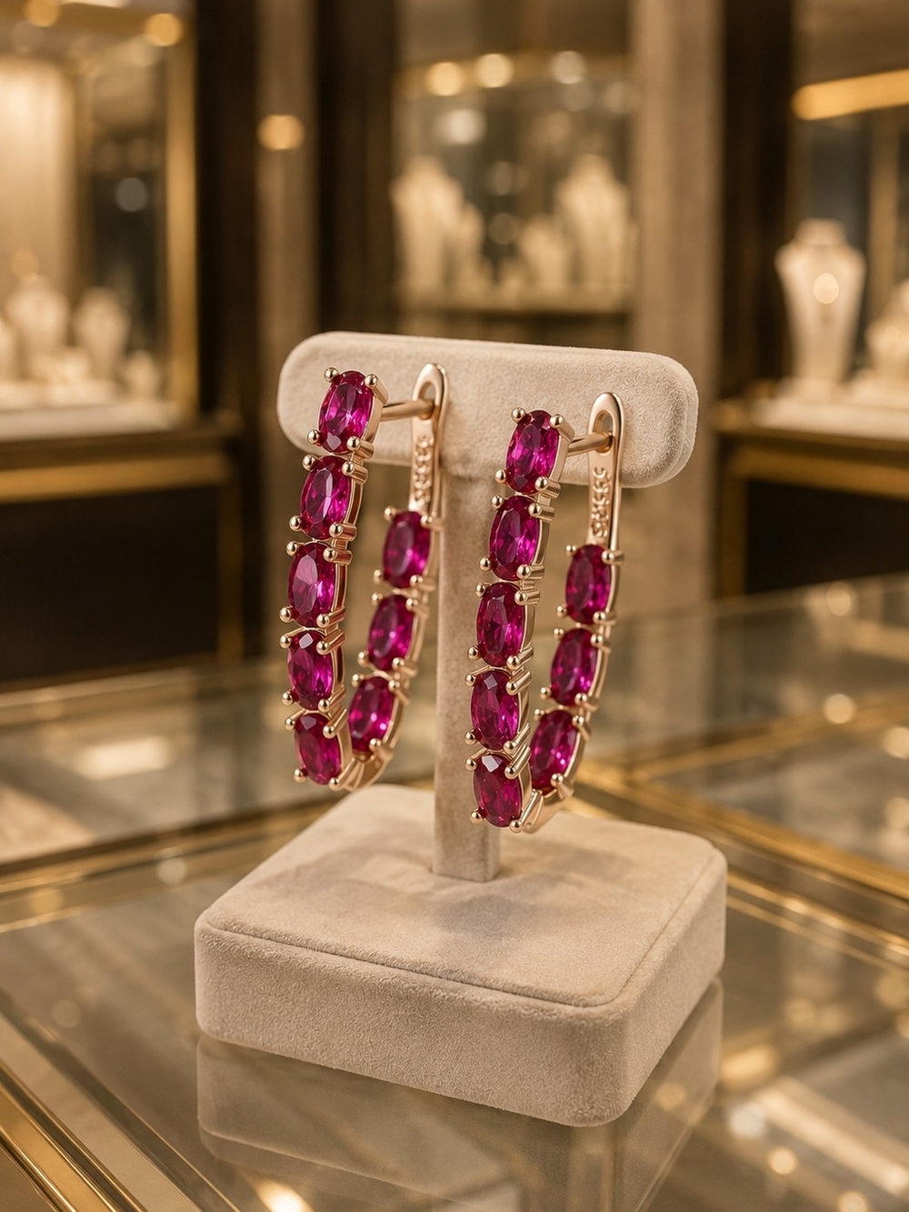 Rose Gold Plated Hoop Earrings with Red Zircon Stones - Picture 5 of 7